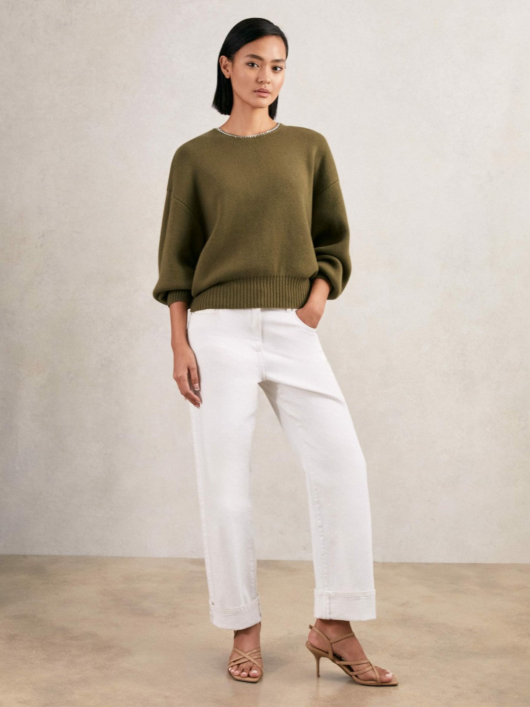 Wool-Blend Necklace-Trim Jumper with Cashmere in Sage Green