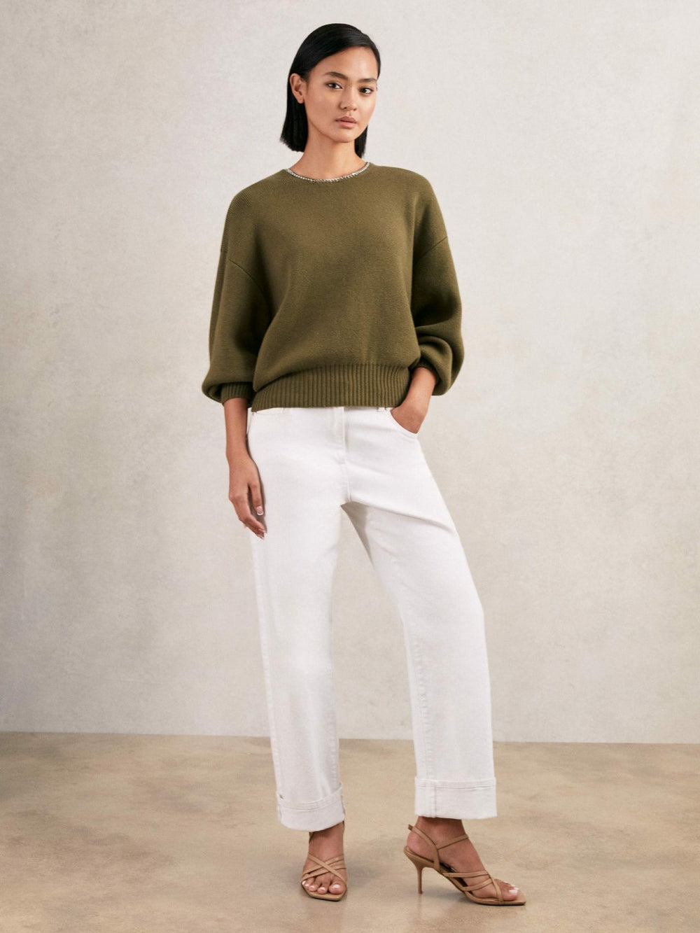Wool-Blend Necklace-Trim Jumper with Cashmere in Sage Green