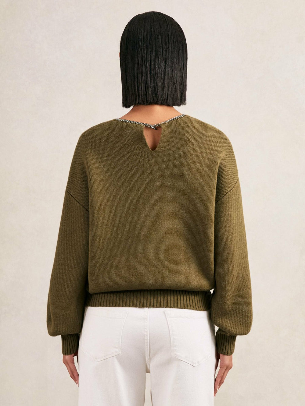 Wool-Blend Necklace-Trim Jumper with Cashmere in Sage Green