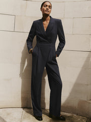 Pinstripe Tailored Wide-Leg Jumpsuit with Wool in Navy