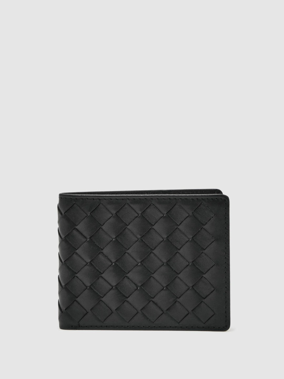 Leather Large Lattice-Effect Wallet in Black