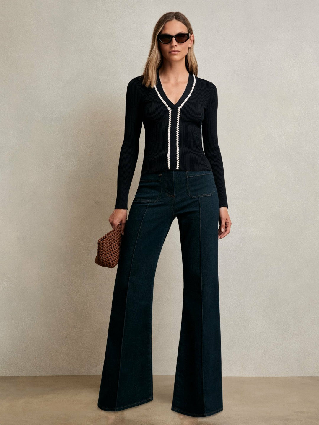 Craft-Stitch Rib-Knit Top in Navy/White