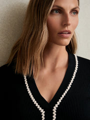Craft-Stitch Rib-Knit Top in Navy/White