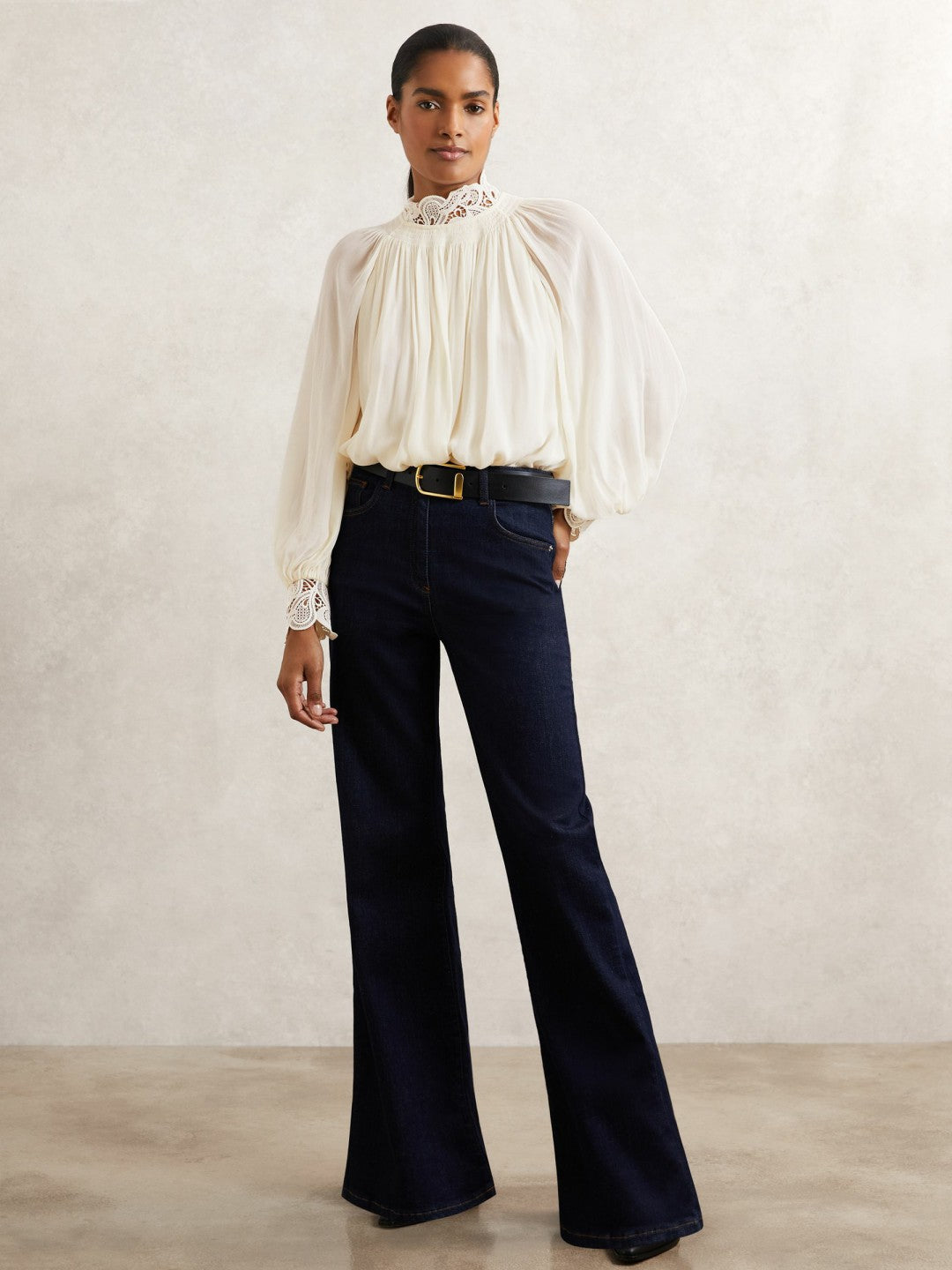 Lace-Trim Draped Chiffon Top in Cream