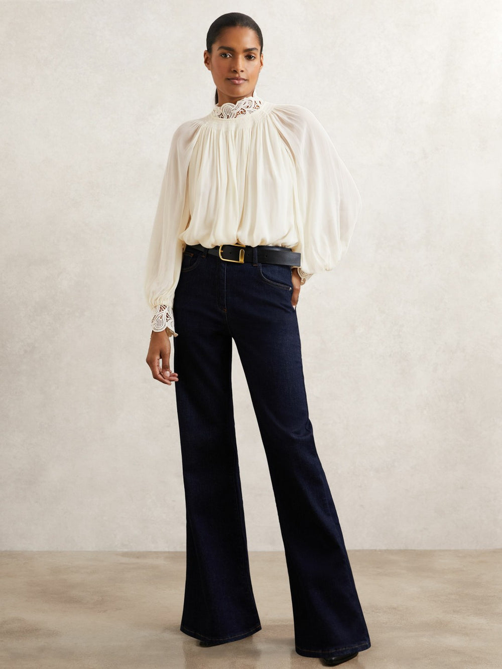 Lace-Trim Draped Chiffon Top in Cream