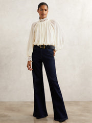 Lace-Trim Draped Chiffon Top in Cream