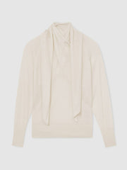 Wool Scarf-Tie Draped Jumper in Cream