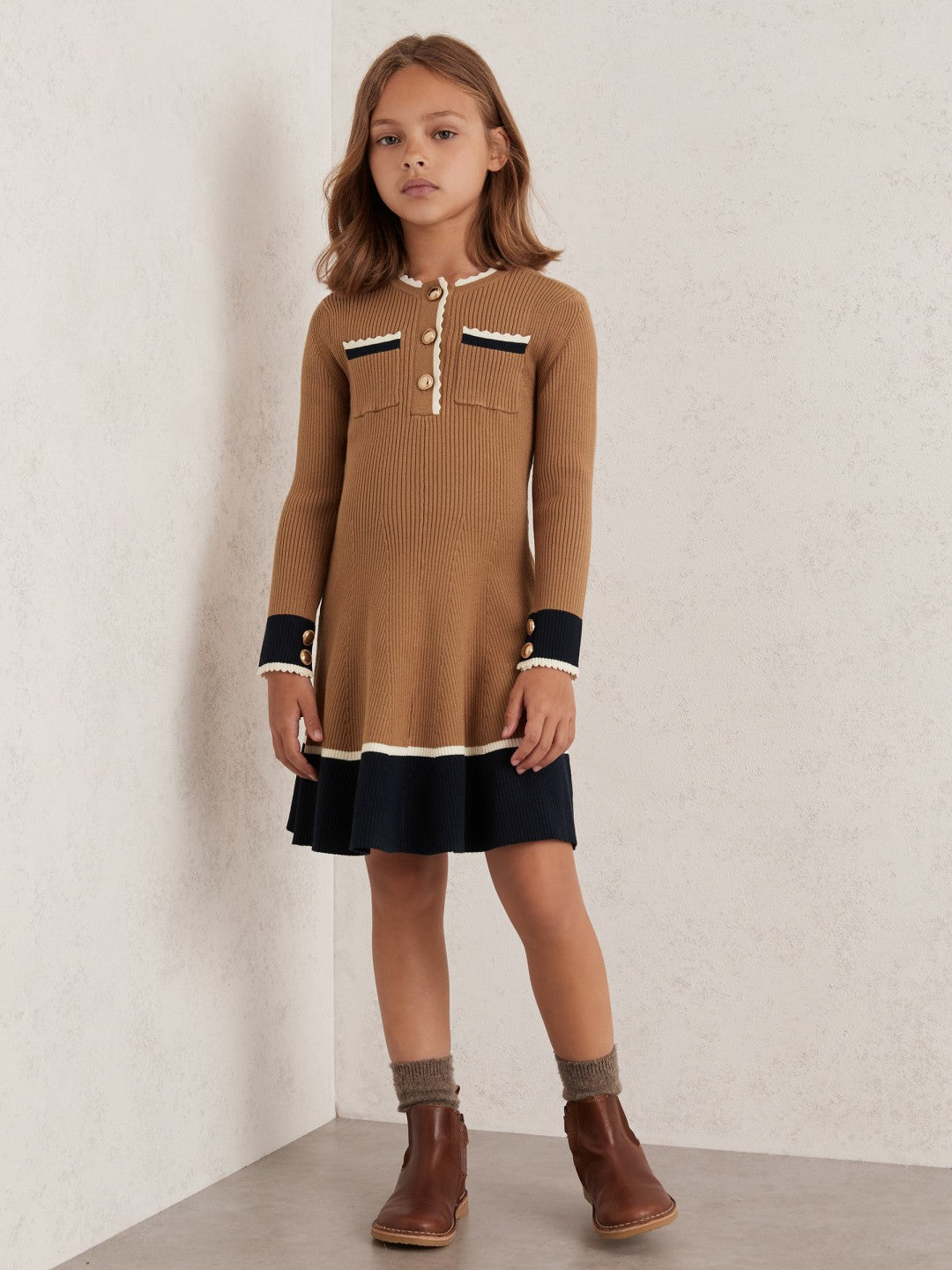 3-9 yrs Scallop-Trim Rib-Knit Dress in Camel