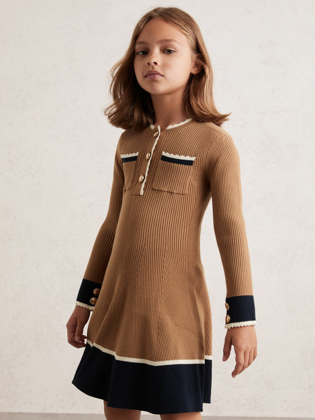 3-9 yrs Scallop-Trim Rib-Knit Dress in Camel