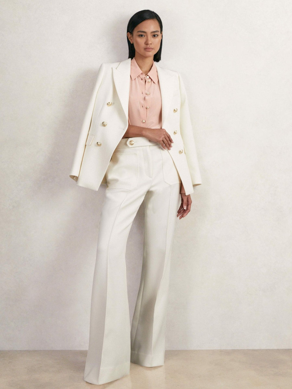 Twill Button-Tab Flared Trousers With Wool in White