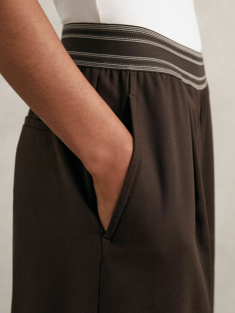 Wide-Leg Contrast-Waistband Trousers in Chocolate Brown