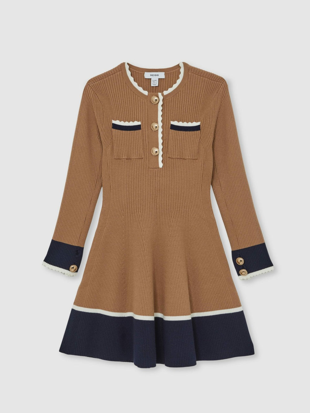 13-14 yrs Scallop-Trim Rib-Knit Dress in Camel
