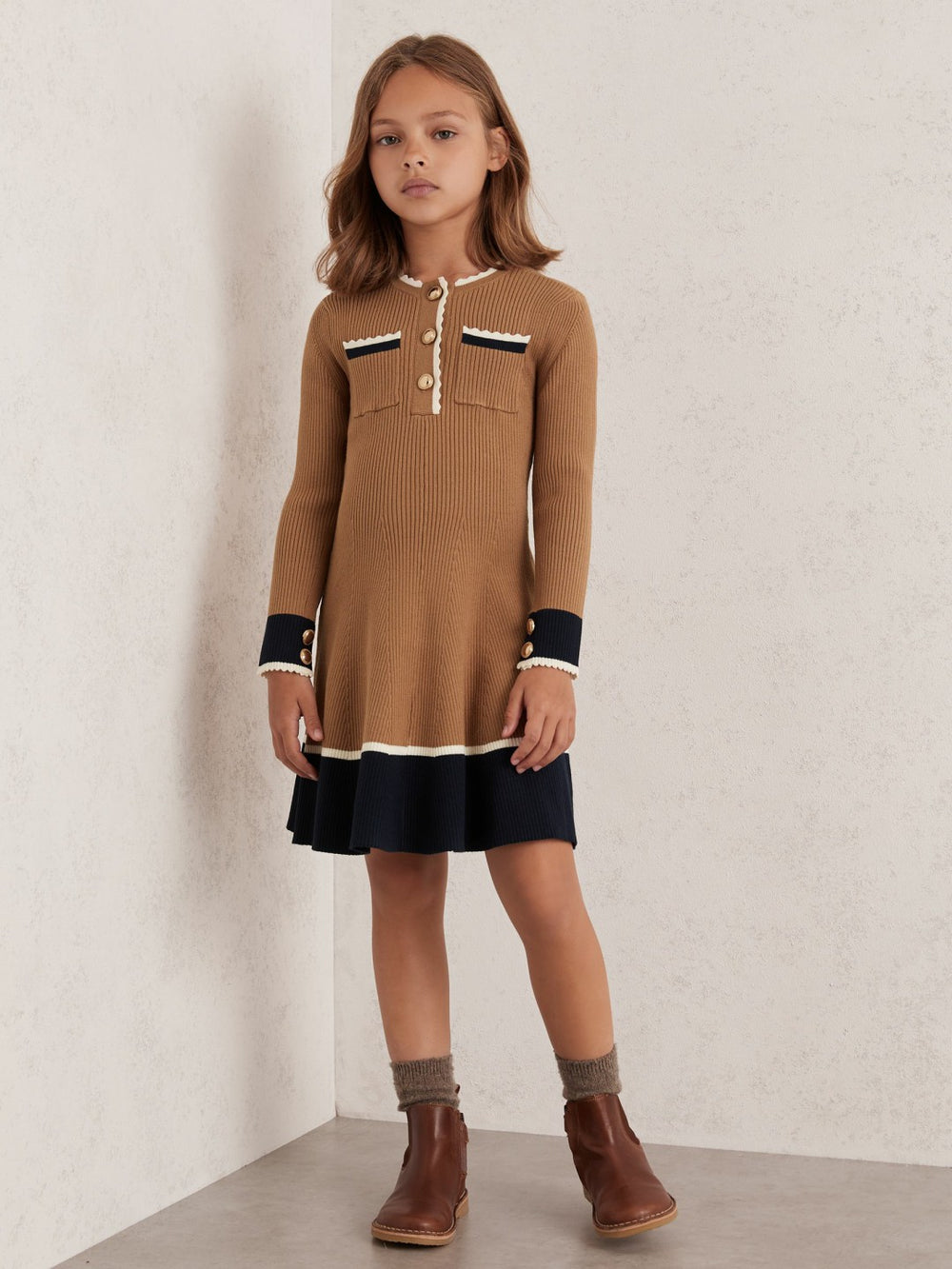 13-14 yrs Scallop-Trim Rib-Knit Dress in Camel