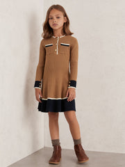 13-14 yrs Scallop-Trim Rib-Knit Dress in Camel