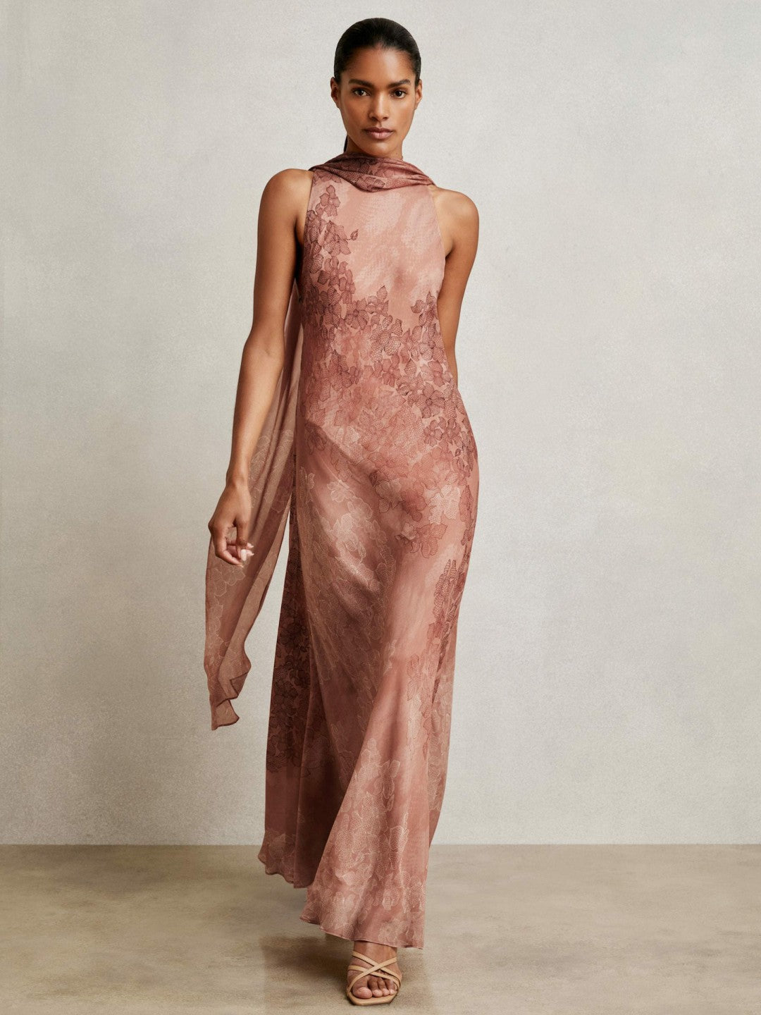 Chiffon Floral Cape Maxi Dress in Pale Pink