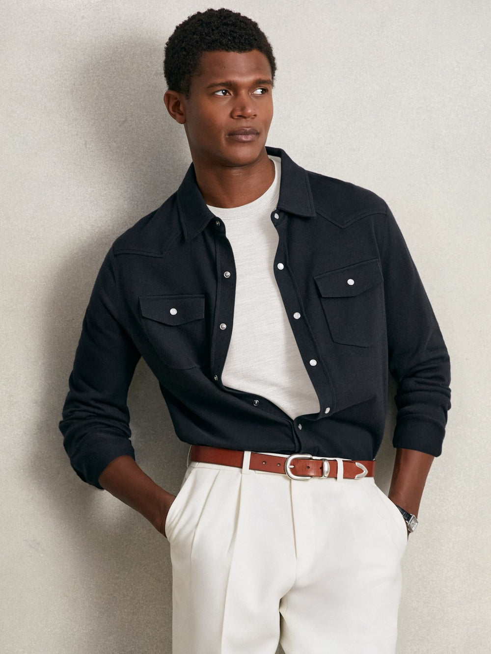 Cotton-Cashmere Western Knitted Shirt in Navy