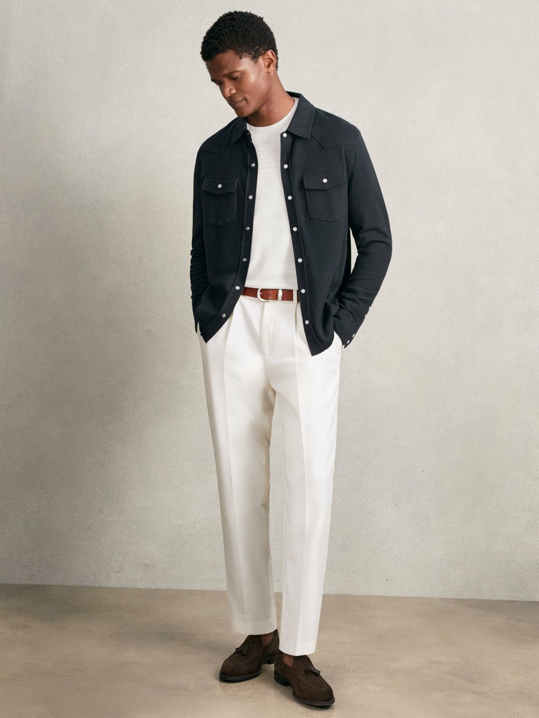 Cotton-Cashmere Western Knitted Shirt in Navy
