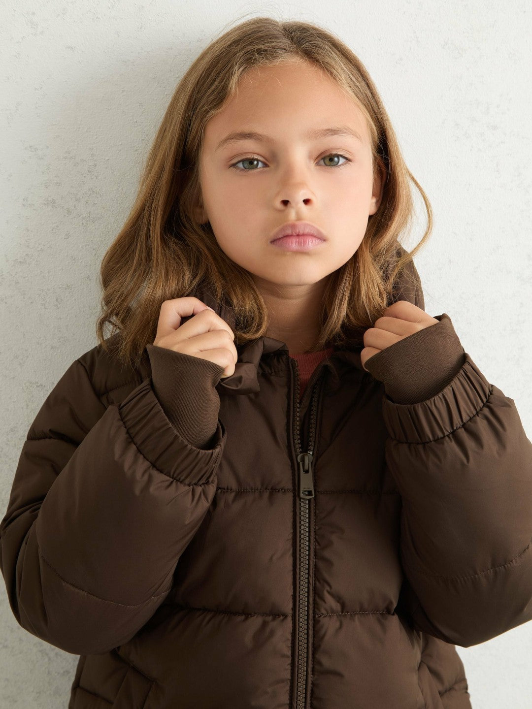 9-13 yrs Short Hooded Puffer Coat in Chocolate