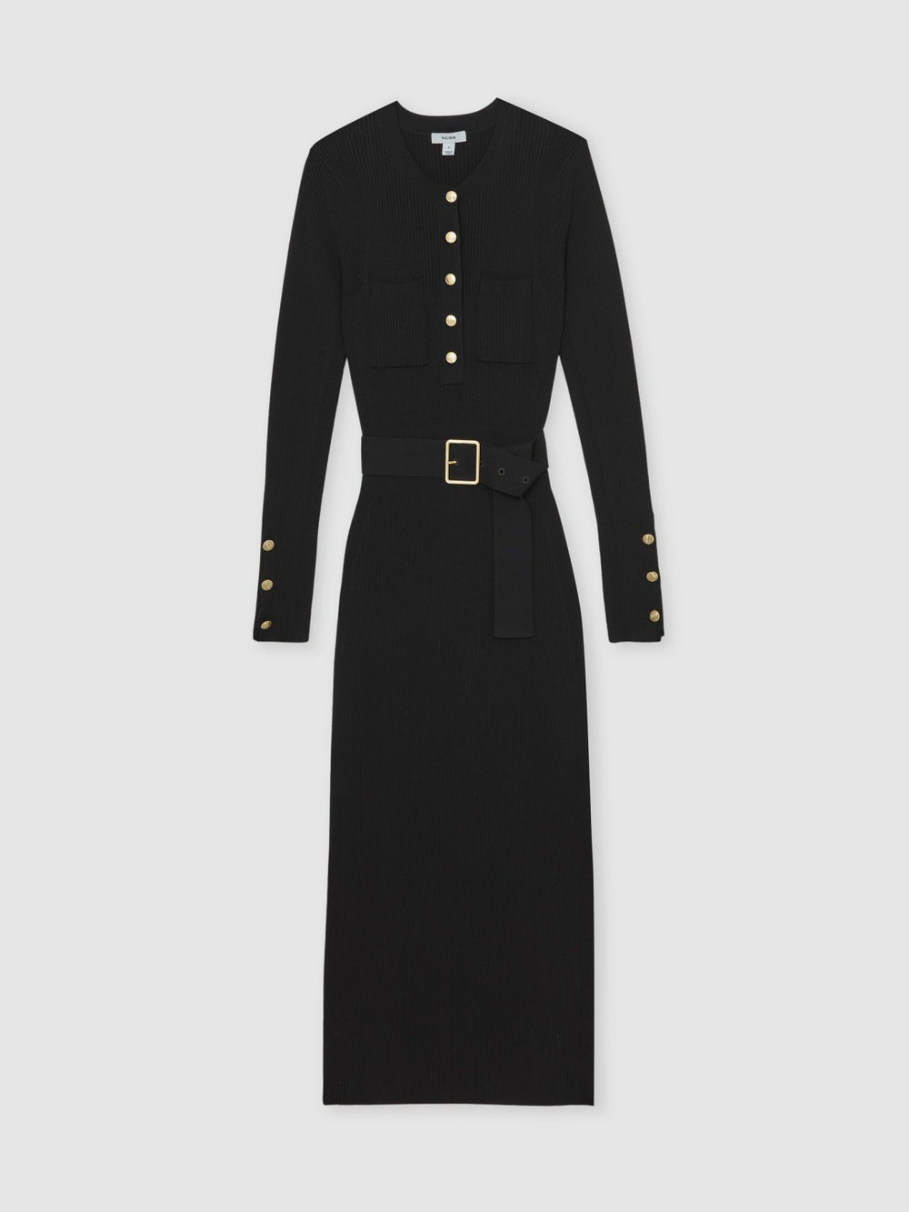 Buttoned Rib-Knit Midi Dress in Black