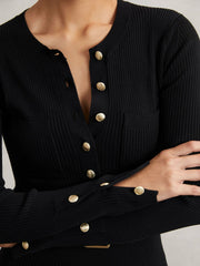 Buttoned Rib-Knit Midi Dress in Black