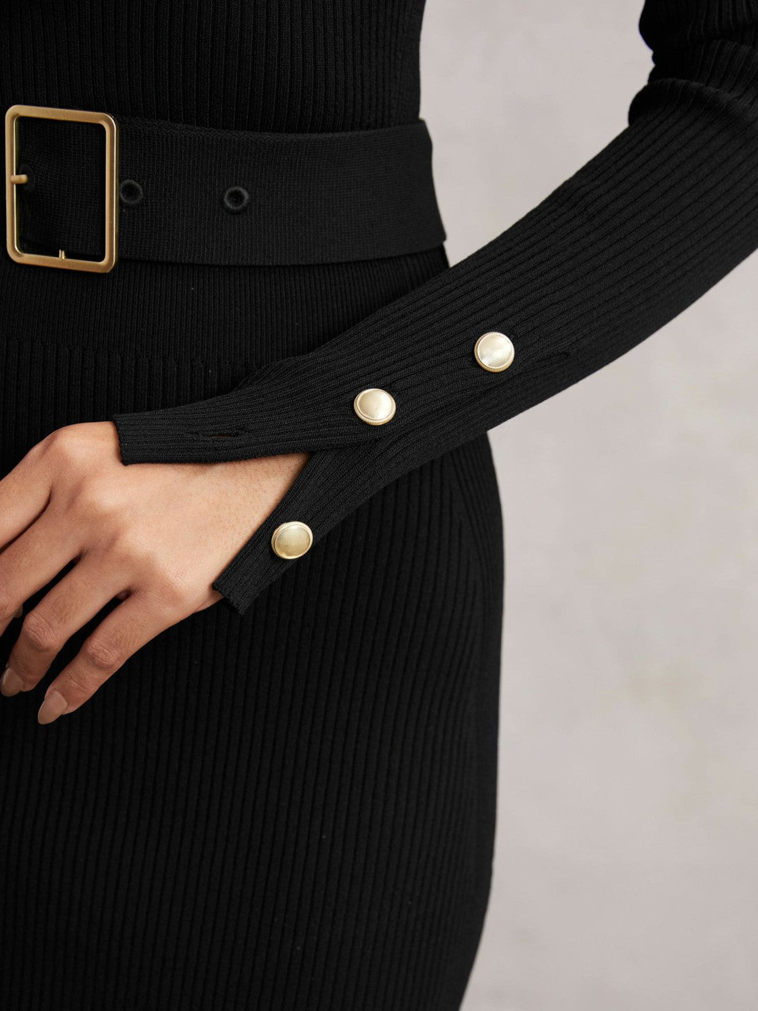 Buttoned Rib-Knit Midi Dress in Black