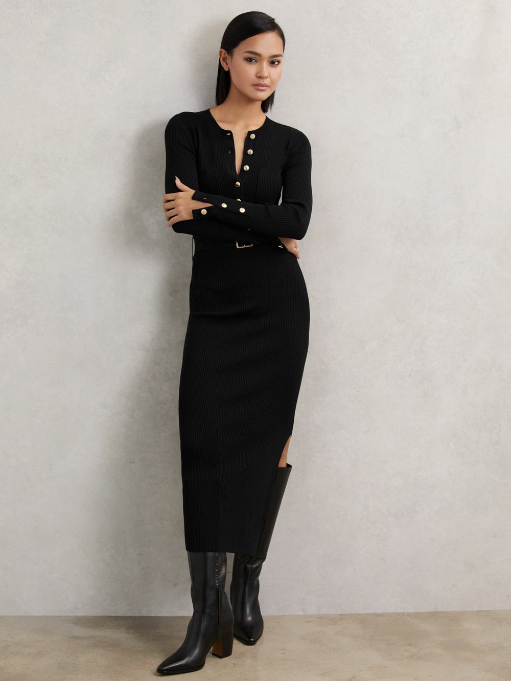 Buttoned Rib-Knit Midi Dress in Black