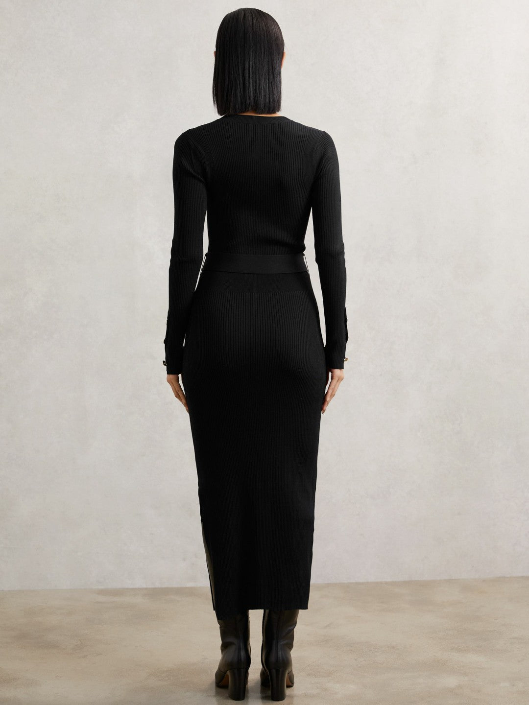 Buttoned Rib-Knit Midi Dress in Black