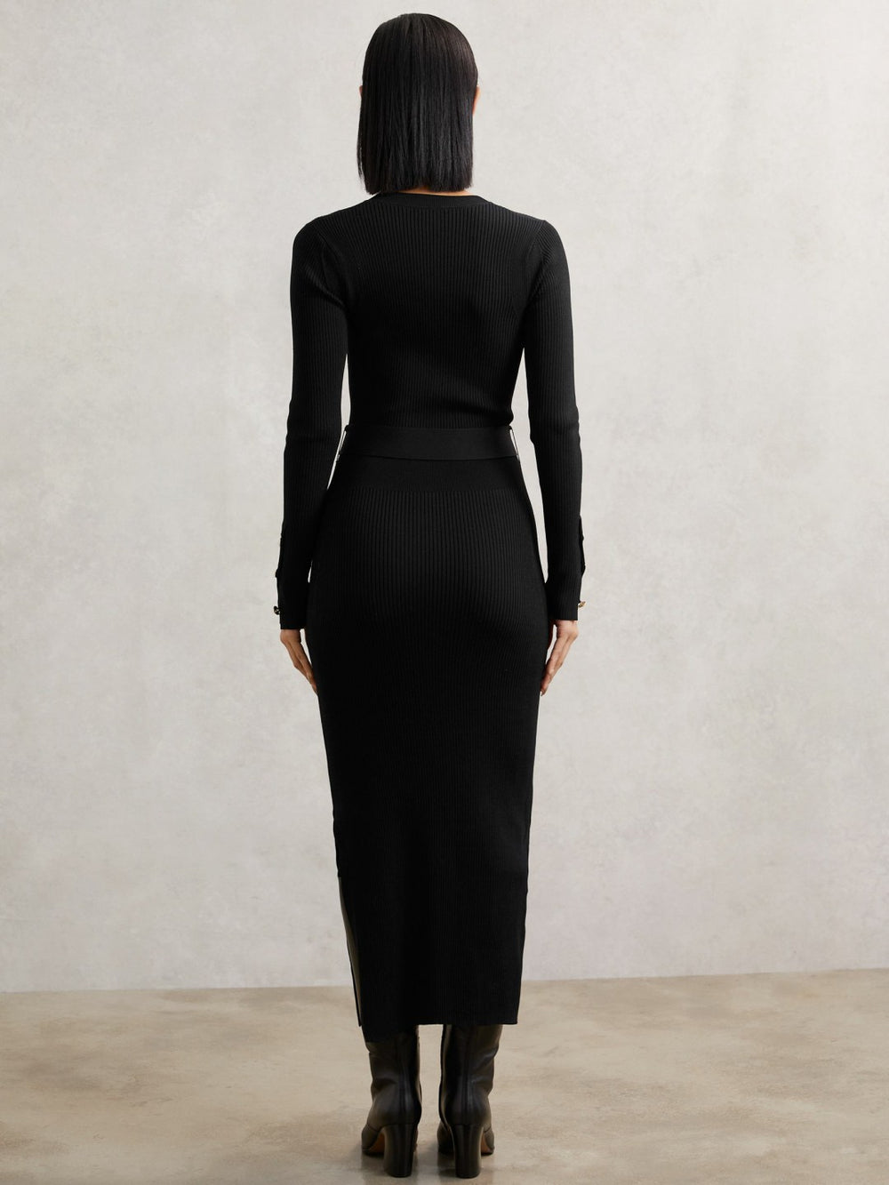 Buttoned Rib-Knit Midi Dress in Black
