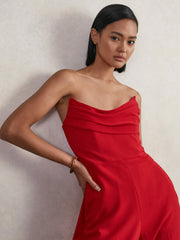 Structured Strapless Wide-Leg Jumpsuit in Red
