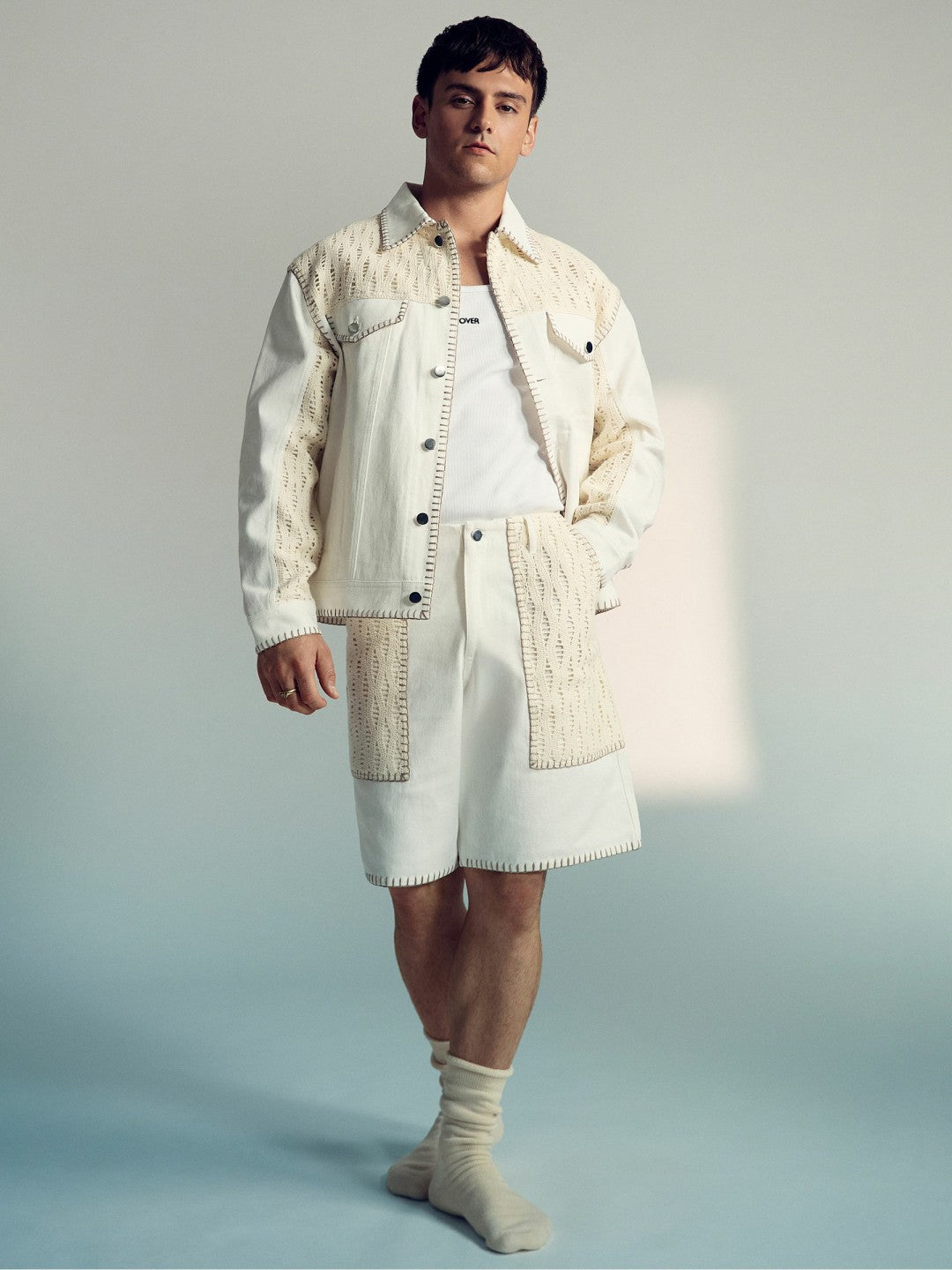 | Tom Daley Crochet Denim Jacket in Off White