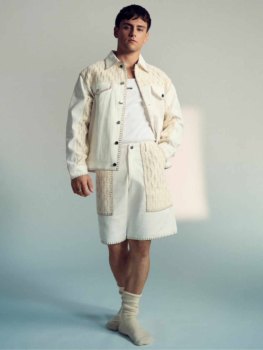 | Tom Daley Crochet Denim Jacket in Off White