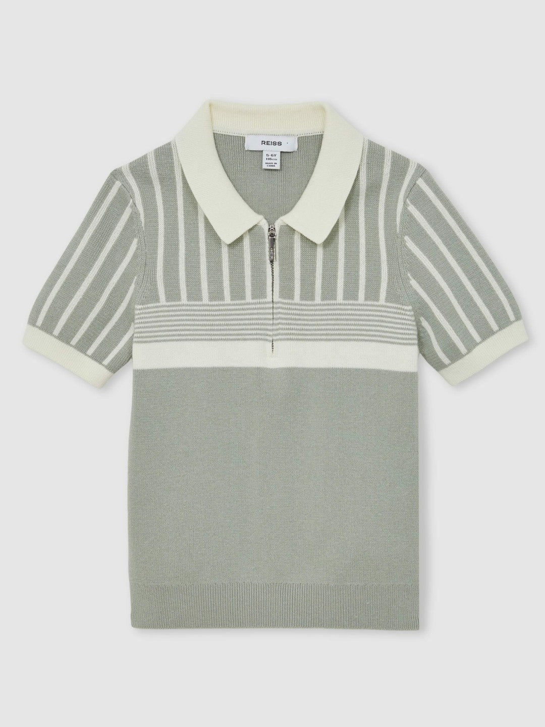 3-9 yrs Cotton Stripe Knit Half-Zip Polo Shirt in Sage Green/Off White
