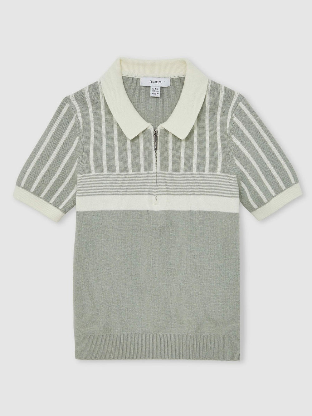 3-9 yrs Cotton Stripe Knit Half-Zip Polo Shirt in Sage Green/Off White