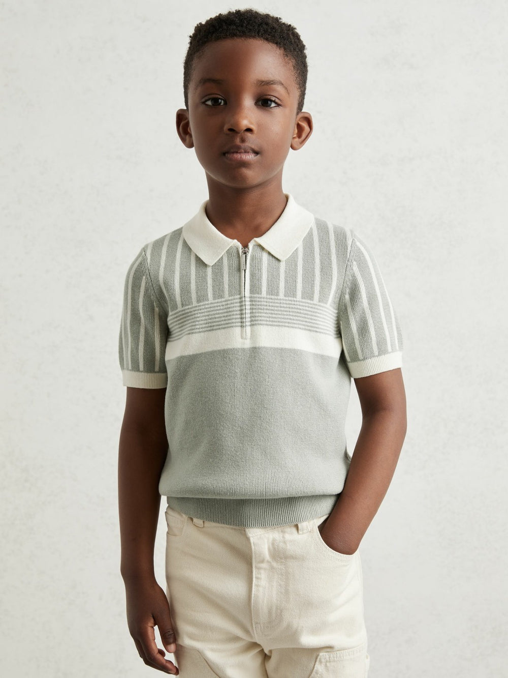 3-9 yrs Cotton Stripe Knit Half-Zip Polo Shirt in Sage Green/Off White