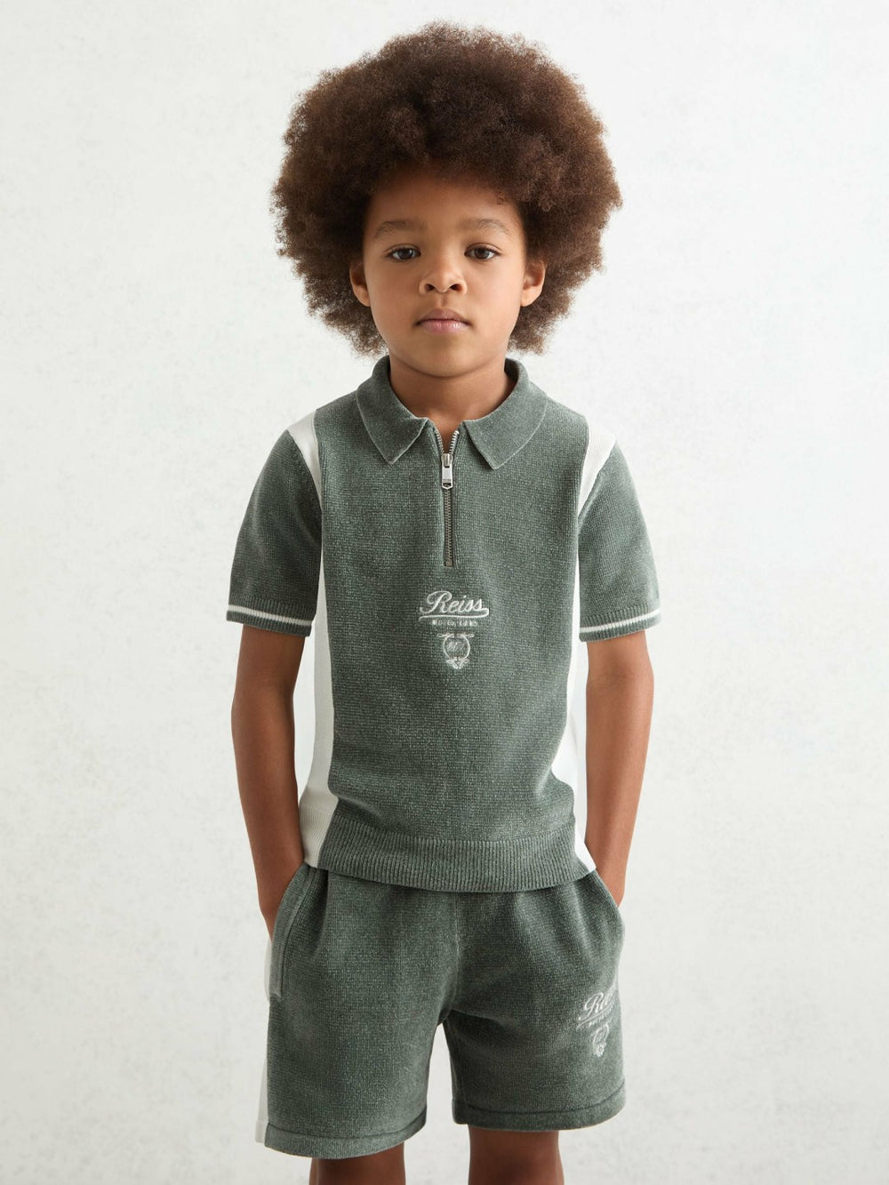 3-9 yrs Chenille Tipped Motor Cars Polo Shirt in Dark Sage Green/White