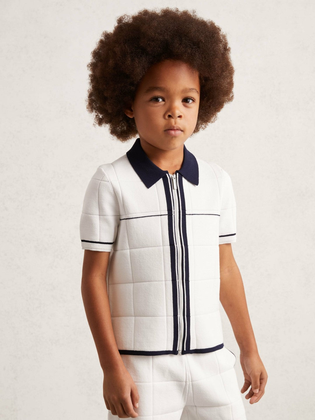 13-14 yrs Tipped Knit Zip-Through Shirt in White/Navy