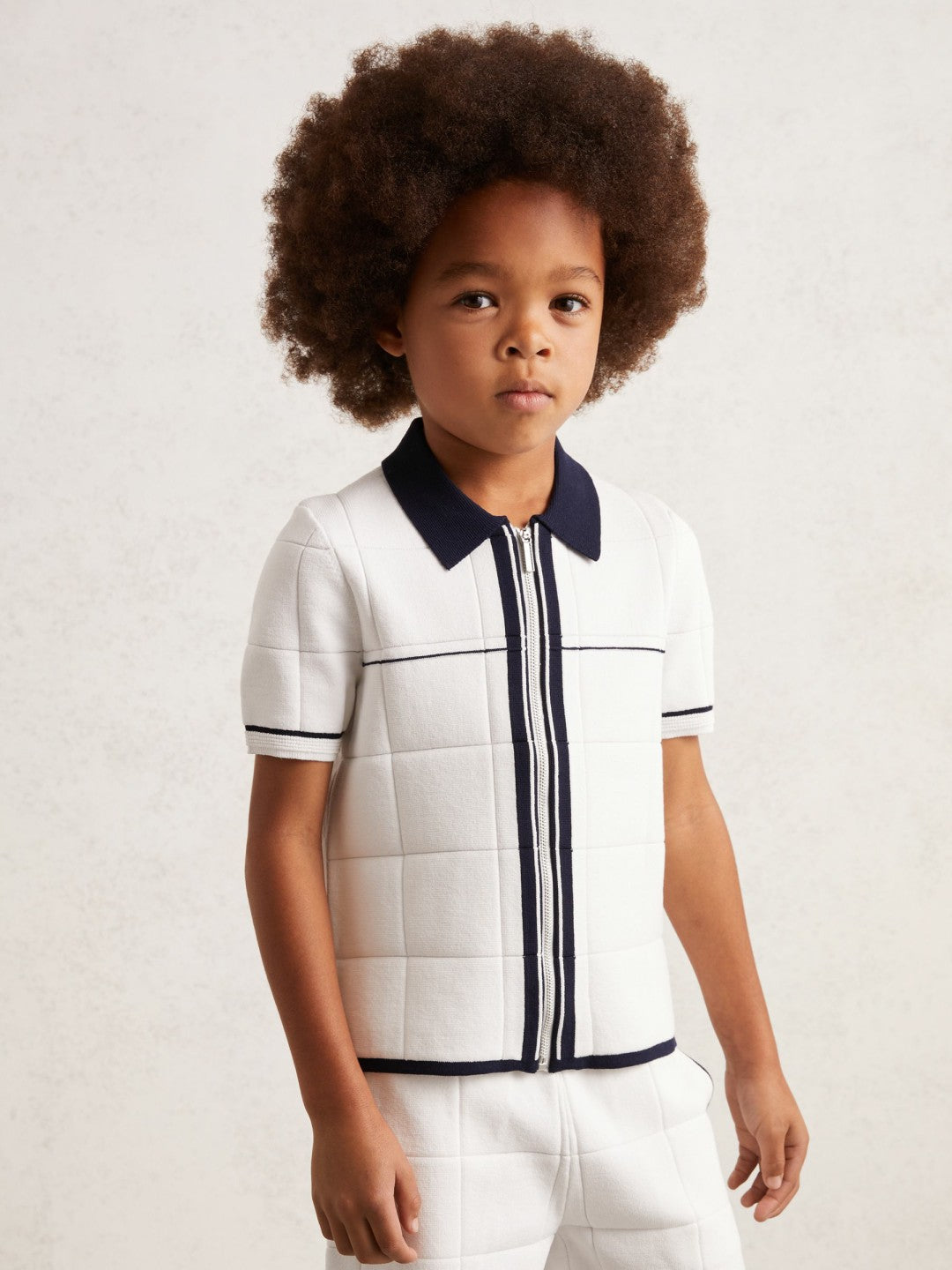 9-13 yrs Tipped Knit Zip-Through Shirt in White/Navy
