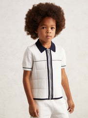 9-13 yrs Tipped Knit Zip-Through Shirt in White/Navy