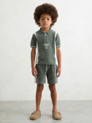 3-9 yrs Chenille Tipped Motor Cars Shorts in Dark Sage Green/White