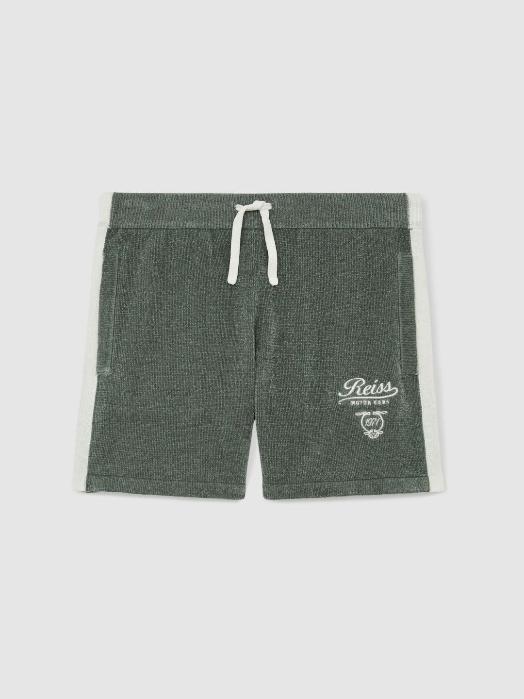 3-9 yrs Chenille Tipped Motor Cars Shorts in Dark Sage Green/White