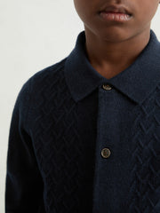 9-13 yrs Wool V-Stitch Button-Through Cardigan in Navy Blue