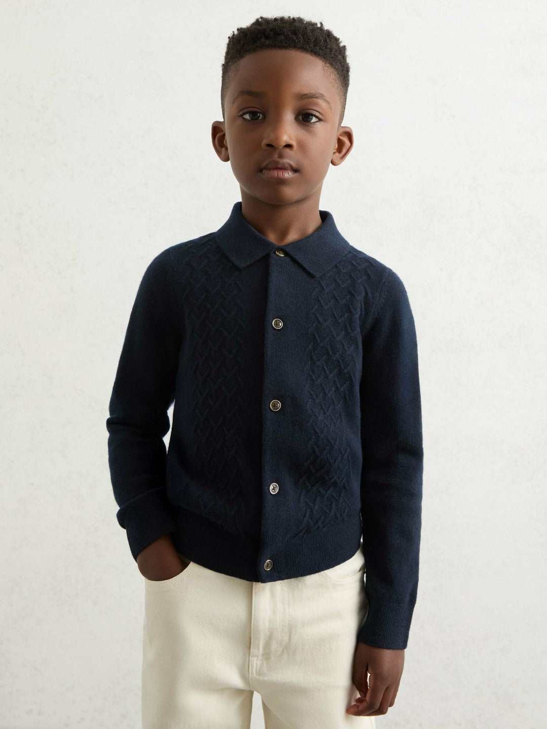 9-13 yrs Wool V-Stitch Button-Through Cardigan in Navy Blue
