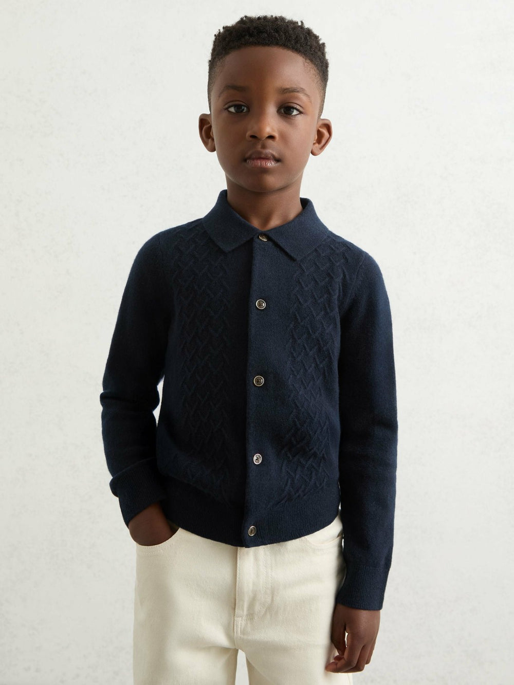 9-13 yrs Wool V-Stitch Button-Through Cardigan in Navy Blue