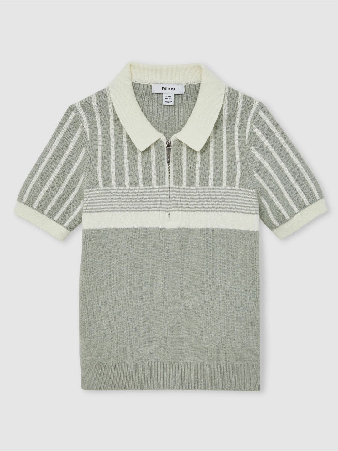 13-14 yrs Cotton Stripe Knit Half-Zip Polo Shirt in Sage Green/Off White