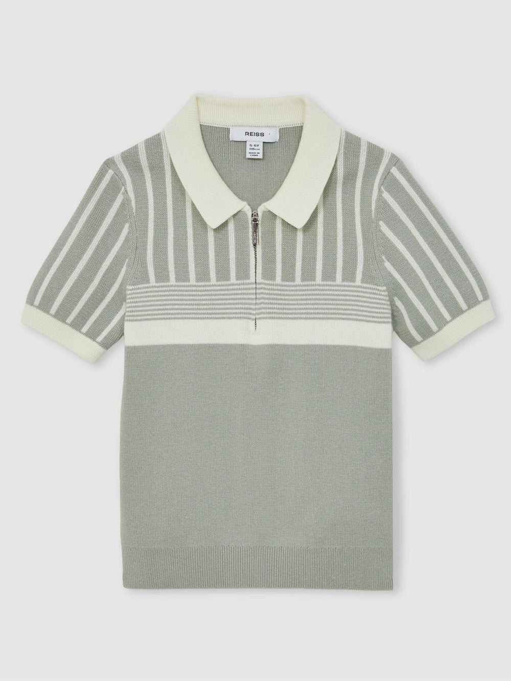 13-14 yrs Cotton Stripe Knit Half-Zip Polo Shirt in Sage Green/Off White