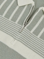 13-14 yrs Cotton Stripe Knit Half-Zip Polo Shirt in Sage Green/Off White