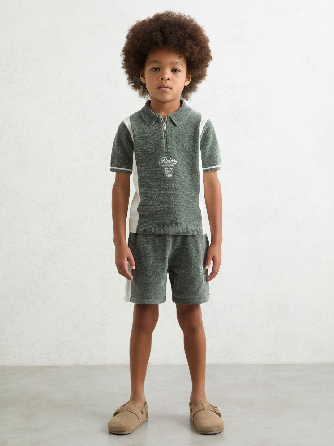 13-14 yrs Chenille Tipped Motor Cars Shorts in Dark Sage Green/White