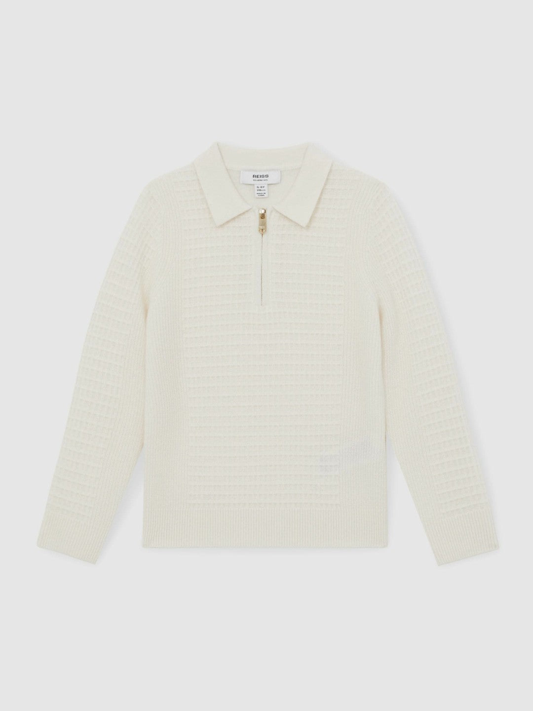 13-14 yrs Wool Waffle-Knit Half-Zip Polo Shirt in Off White