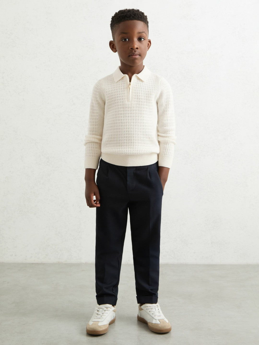 13-14 yrs Wool Waffle-Knit Half-Zip Polo Shirt in Off White