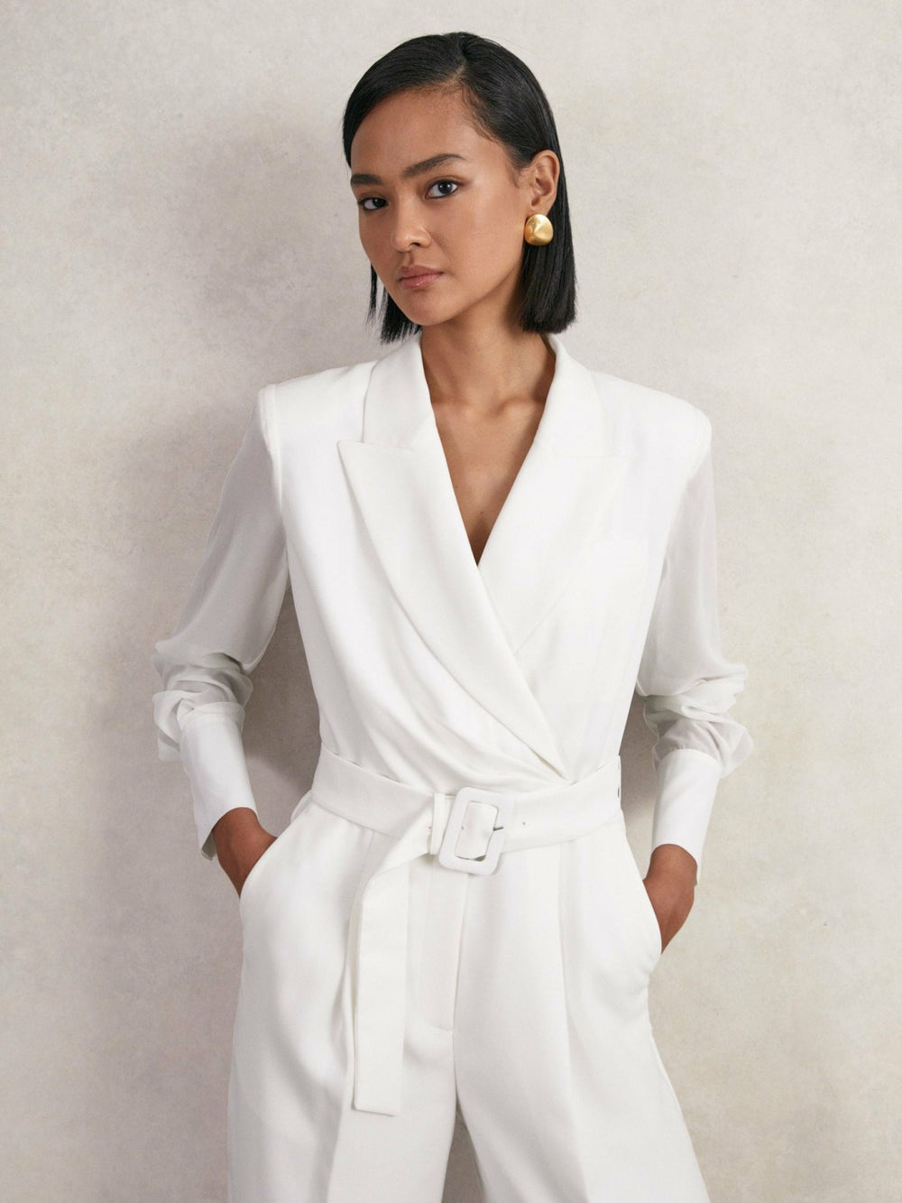 Sheer-Sleeve Wide-Leg Tuxedo Jumpsuit in Ivory